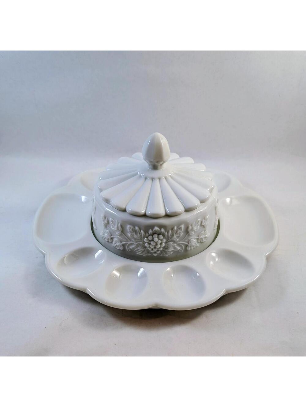 Westmoreland Milk Glass Paneled Grape Egg Plate & Lid